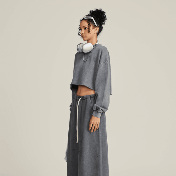 (NEW) Truth Unlimited Women's Washed Raw-Edge Cropped Crew Neck Sweatshirt（380GSM）