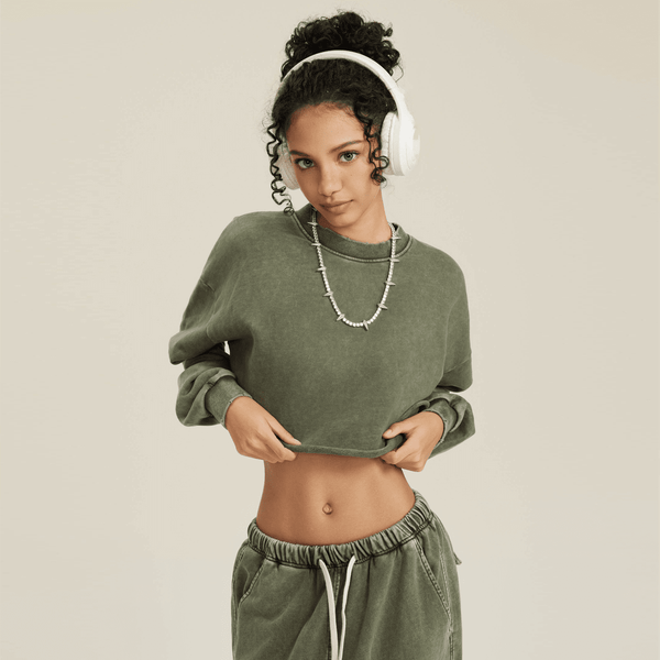 (NEW) Truth Unlimited Women's Washed Raw-Edge Cropped Crew Neck Sweatshirt（380GSM）