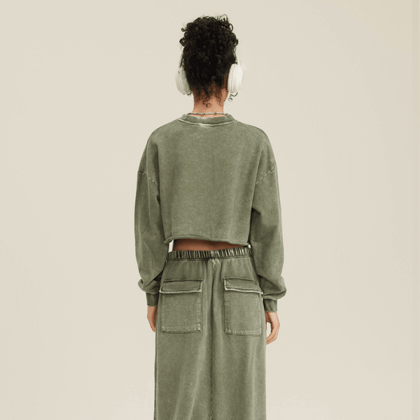 (NEW) Truth Unlimited Women's Washed Raw-Edge Cropped Crew Neck Sweatshirt（380GSM）