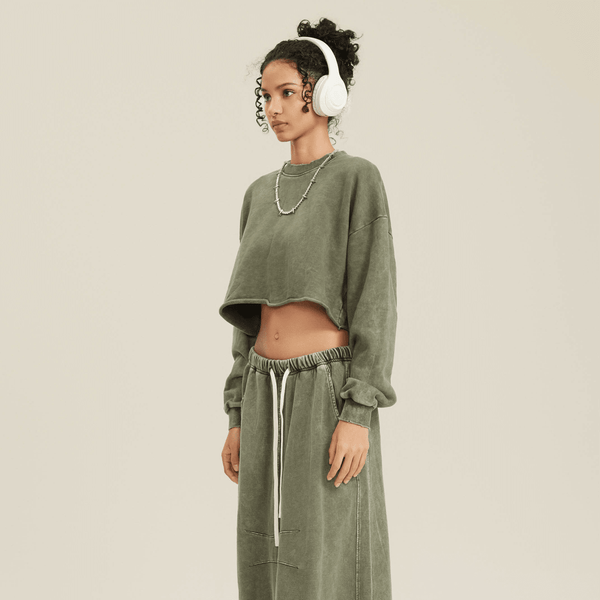 (NEW) Truth Unlimited Women's Washed Raw-Edge Cropped Crew Neck Sweatshirt（380GSM）