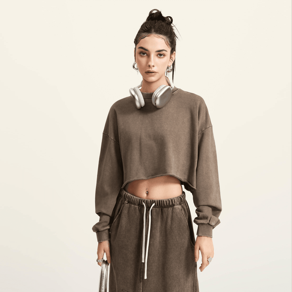 (NEW) Truth Unlimited Women's Washed Raw-Edge Cropped Crew Neck Sweatshirt（380GSM）