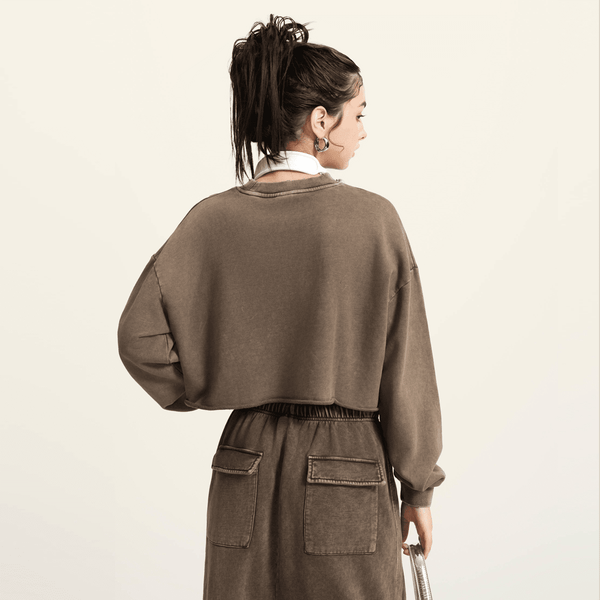 (NEW) Truth Unlimited Women's Washed Raw-Edge Cropped Crew Neck Sweatshirt（380GSM）