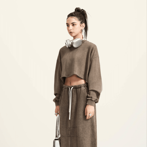 (NEW) Truth Unlimited Women's Washed Raw-Edge Cropped Crew Neck Sweatshirt（380GSM）