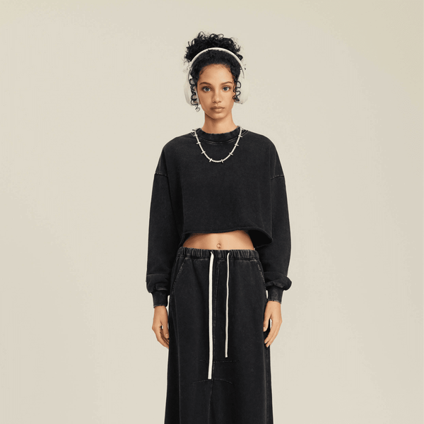 (NEW) Truth Unlimited Women's Washed Raw-Edge Cropped Crew Neck Sweatshirt（380GSM）