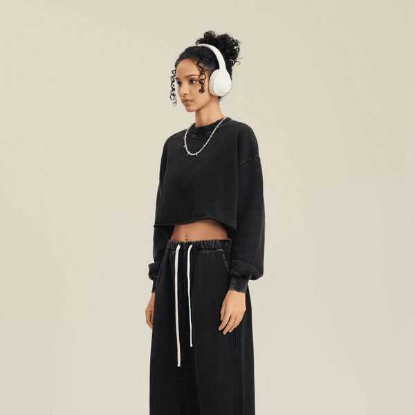 (NEW) Truth Unlimited Women's Washed Raw-Edge Cropped Crew Neck Sweatshirt（380GSM）