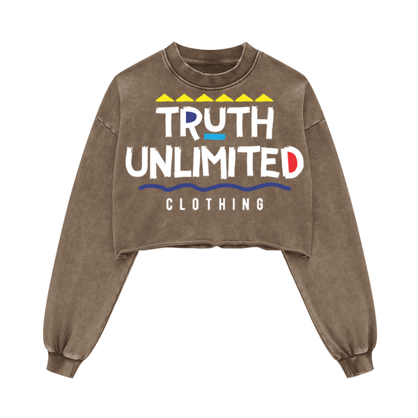 (NEW) Truth Unlimited Women's Washed Raw-Edge Cropped Crew Neck Sweatshirt（380GSM）