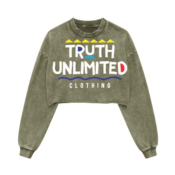 (NEW) Truth Unlimited Women's Washed Raw-Edge Cropped Crew Neck Sweatshirt（380GSM）
